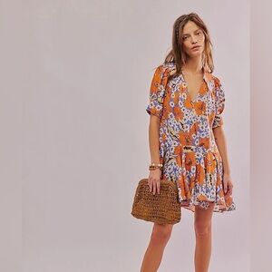 Free People Orange and Blue Floral Mini Dress
